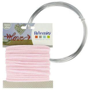 Hilo para tejer rosa 5 mm x 5 m + hilo de aluminio