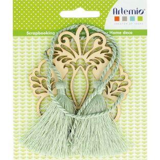 Motif en bois Fleur & 2 pompons vert clair