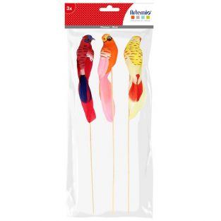 3 decorative parrots 13 x 3 x 2,5 cm mounted on wooden rods