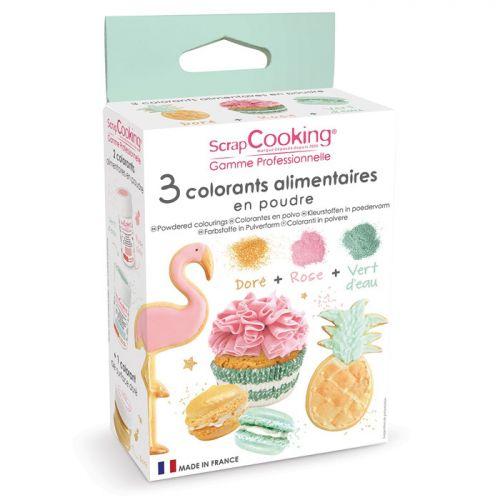 3 colorants alimentaires rose poudré, vert d'eau, doré 3 x 5 g 3 colorants alimentaires rose poudré, vert d'eau, doré 3 x 5 g