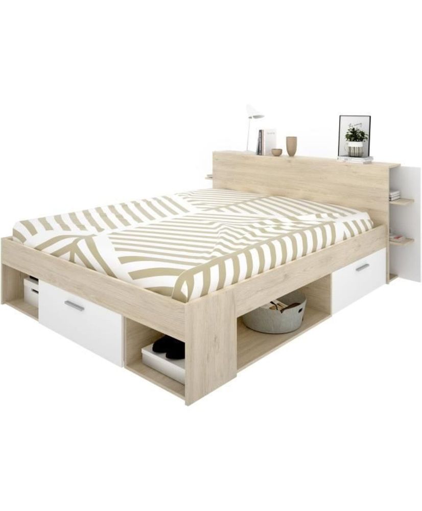 Erwachsenenbett – 140 x 190 cm – 3 Schubladen + Kopfteil mit Stauraum – Eiche und Weiß Erwachsenenbett – 140 x 190 cm – 3 Schubladen + Kopfteil mit Stauraum – Eiche und Weiß