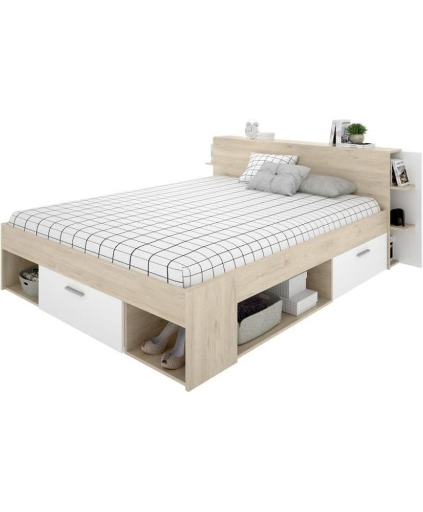 Bett für Erwachsene – 160 x 200 cm – 3 Schubladen + Kopfteil mit Stauraum – Eiche und Weiß Bett für Erwachsene – 160 x 200 cm – 3 Schubladen + Kopfteil mit Stauraum – Eiche und Weiß