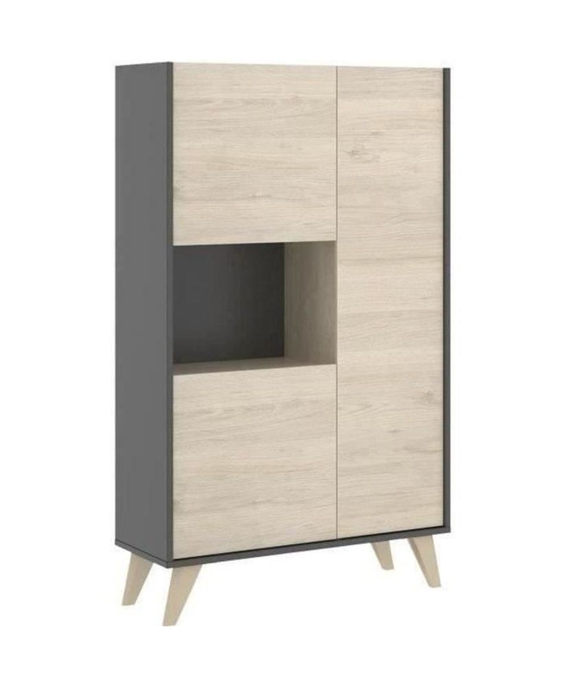 Buffet haut - graphite et chêne - 3 portes + 1 niche - NESS - 81 x 43 x 135 cm Buffet haut - graphite et chêne - 3 portes + 1 niche - NESS - 81 x 43 x 135 cm