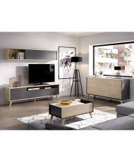 Mueble TV con mesa de centro tipo buffet KOLN - Melamina - Estilo escandinavo - Roble natural y grafito