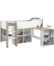 Cama combinada infantil con escritorio retráctil - Blanco y roble - Somier incluido - 90 x 200 cm