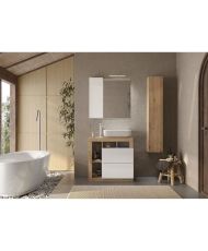 Set mobili da bagno - Lavabo + 2 cassetti + 3 nicchie + Colonna - Colore rovere chiaro e laccato bianco