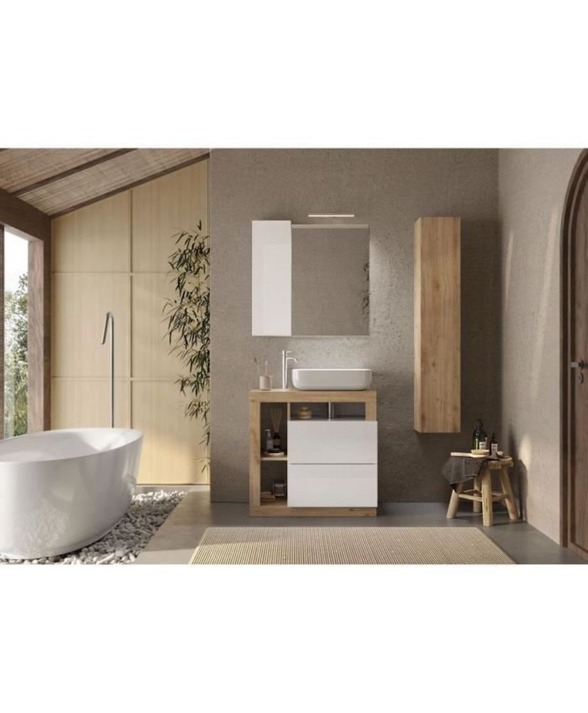 Bathroom furniture set - Basin + 2 drawers + 3 niches + Column - Light oak and white lacquered color Bathroom furniture set - Basin + 2 drawers + 3 niches + Column - Light oak and white lacquered color