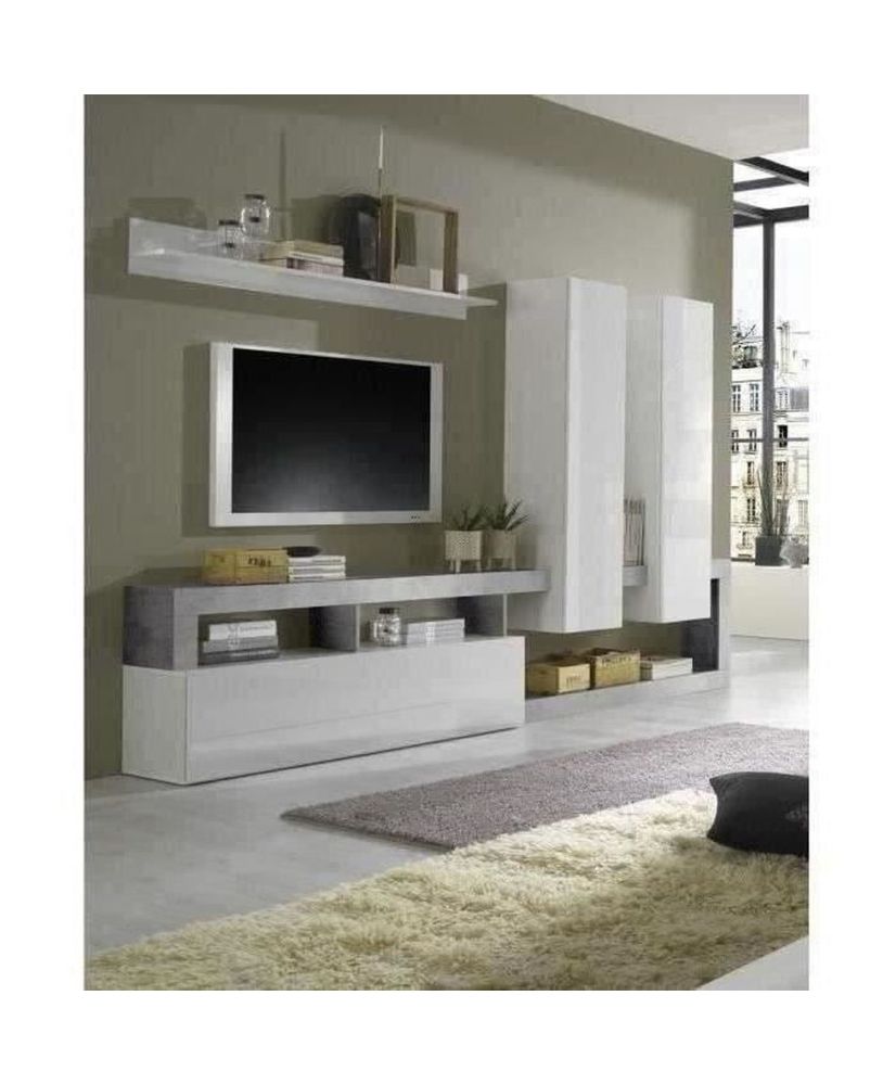 Ensemble TV mural - Blanc Laqué et Béton - 277 x 173 x 75 cm Ensemble TV mural - Blanc Laqué et Béton - 277 x 173 x 75 cm