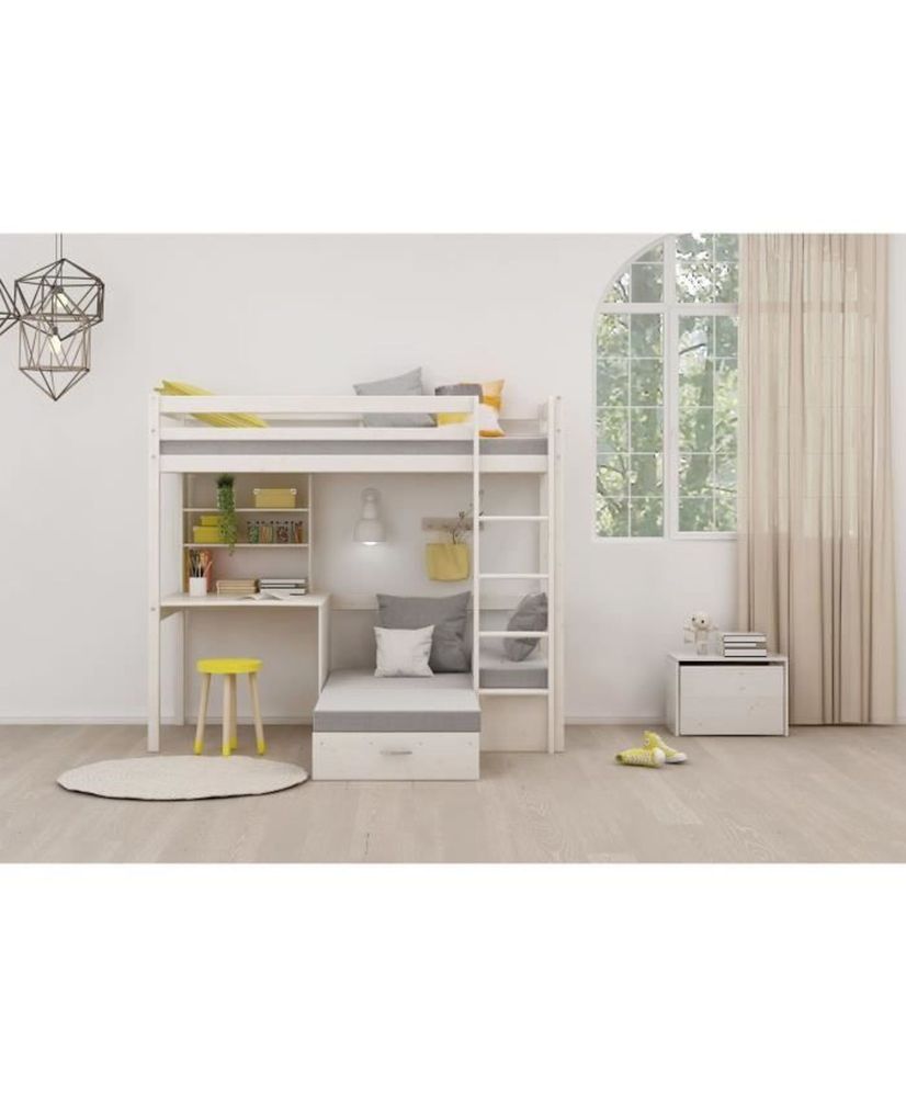 Combined mezzanine bed - Solid wood - White - Box spring included - 90x 200 cm Combined mezzanine bed - Solid wood - White - Box spring included - 90x 200 cm