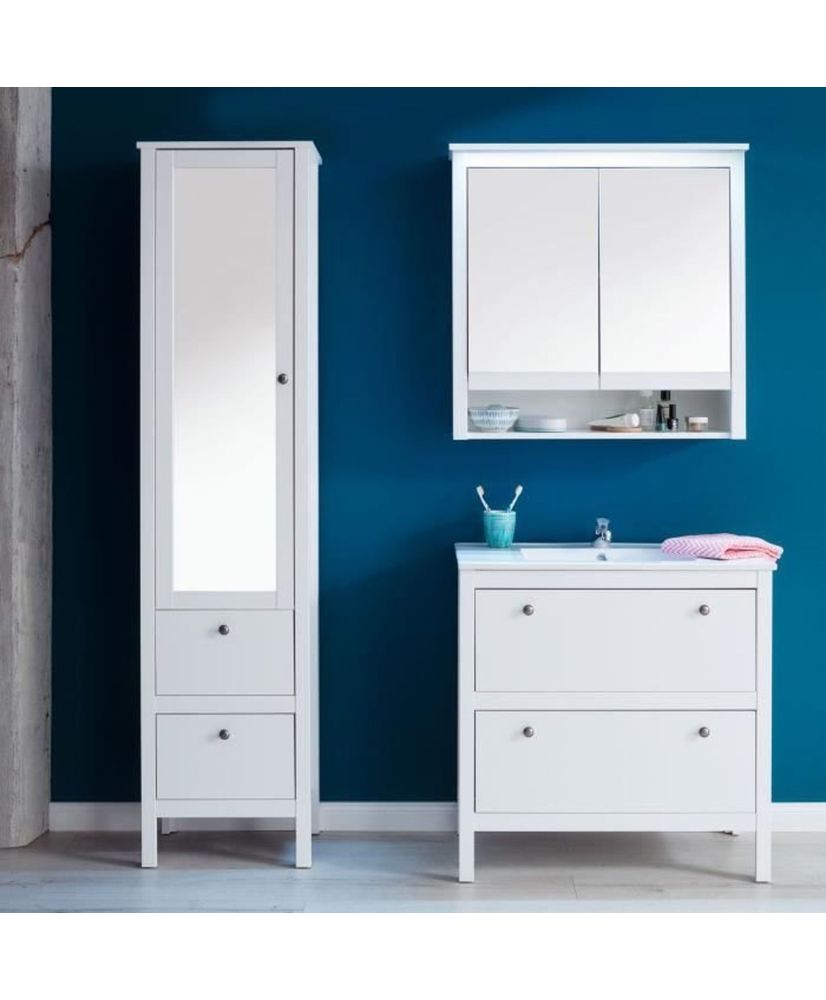 Baño completo: Columna con espejo + Mueble bajo lavabo + Lavabo + Columna con espejo - Melamina blanca Baño completo: Columna con espejo + Mueble bajo lavabo + Lavabo + Columna con espejo - Melamina blanca