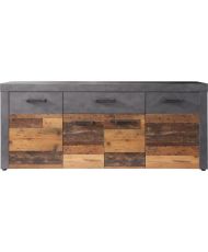 Buffet bas INDY 4 Portes et 1 Tiroir - Mélaminé bois vieilli et gris mat - 178 x 40 x 77 cm