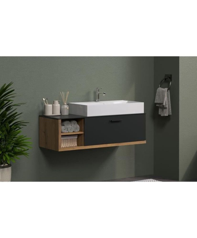 Mueble con lavabo suspendido - 1 trampilla + 2 nichos - 120 x 48 x 45 cm - Gris y roble Mueble con lavabo suspendido - 1 trampilla + 2 nichos - 120 x 48 x 45 cm - Gris y roble