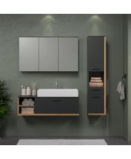  Komplettes Badezimmer – Waschtisch + Waschbecken + 3-türiger Kleiderschrank – Melamin in Grau und Eiche