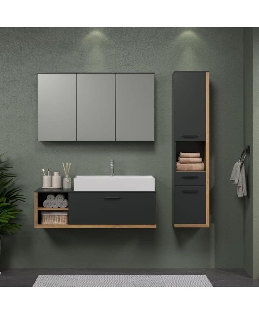 Bagno completo - Mobile lavabo + lavabo + armadio a 3 ante - Melaminico grigio e rovere Bagno completo - Mobile lavabo + lavabo + armadio a 3 ante - Melaminico grigio e rovere