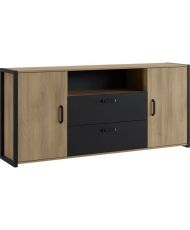 Sideboard aus Eiche und schwarzem Melamin – Industriestil – 180 x 40 x 84 cm