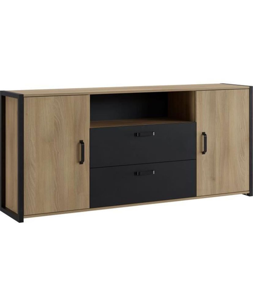 Buffet Mélaminé chêne et noir - style industriel - 180 x 40 x 84 cm Buffet Mélaminé chêne et noir - style industriel - 180 x 40 x 84 cm