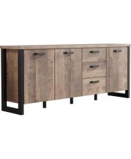 Buffet EMILE - Mélamine chêne brun tabac et noir mat - 3 Portes + 3 Tiroirs - 214 x 45 x 86 cm 