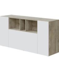 LOIRA Sideboard – Melamin – 150 x 41 x 76 cm – Artik Weiß und Eiche – 3 Türen + 3 Aufbewahrungsnischen