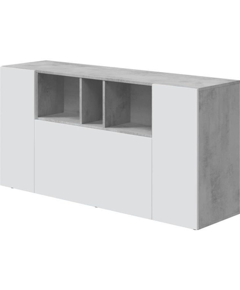 Buffet LOIRA - Mélaminé - Blanc artik et ciment - 3 portes + 3 niches de rangement - 150 x 41 x 76 cm Buffet LOIRA - Mélaminé - Blanc artik et ciment - 3 portes + 3 niches de rangement - 150 x 41 x 76 cm