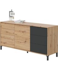 Sideboard 2 Türen 3 Schubladen – Melamin-Spanplatte – Eiche und Schwarz – BROOKLYN 154 cm x 41 cm x 74 cm