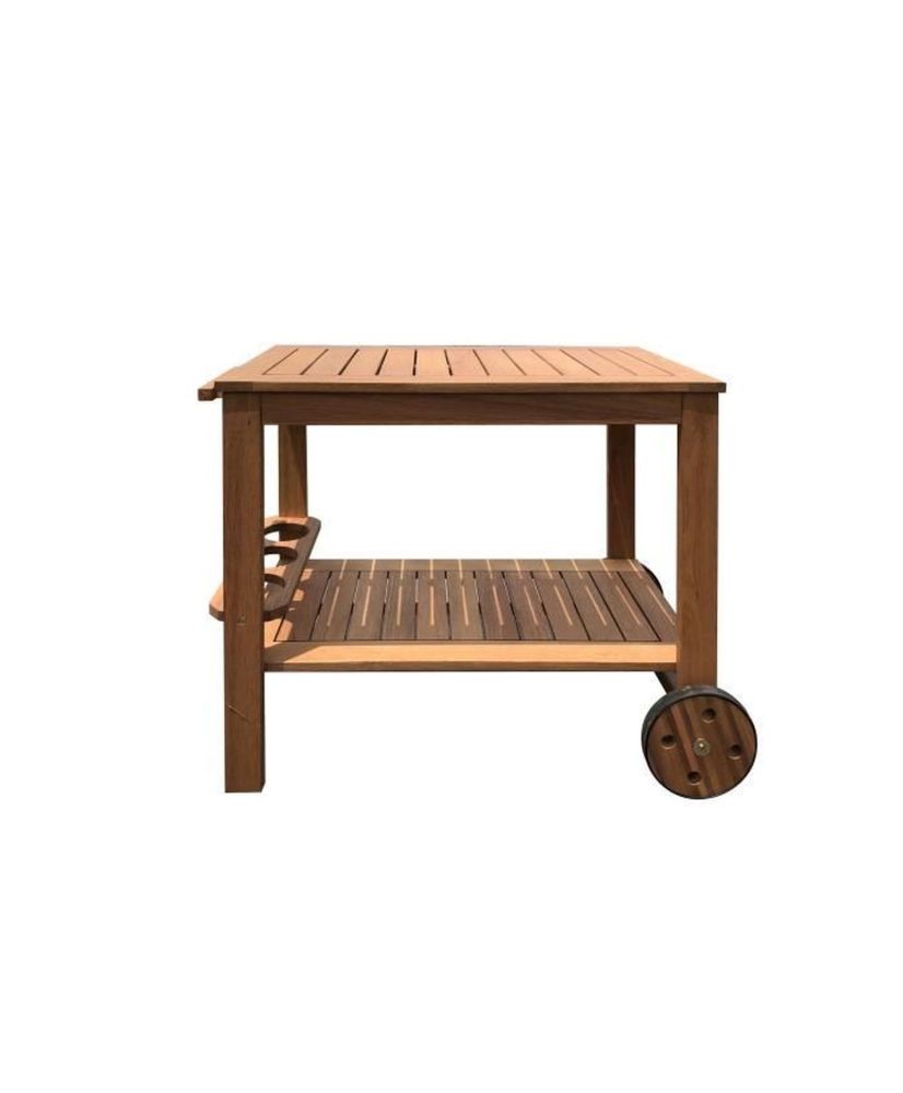 Desserte de jardin à roulettes en bois d'eucalyptus - 93 x 49 x 74 cm - Avec porte-bouteilles Desserte de jardin à roulettes en bois d'eucalyptus - 93 x 49 x 74 cm - Avec porte-bouteilles