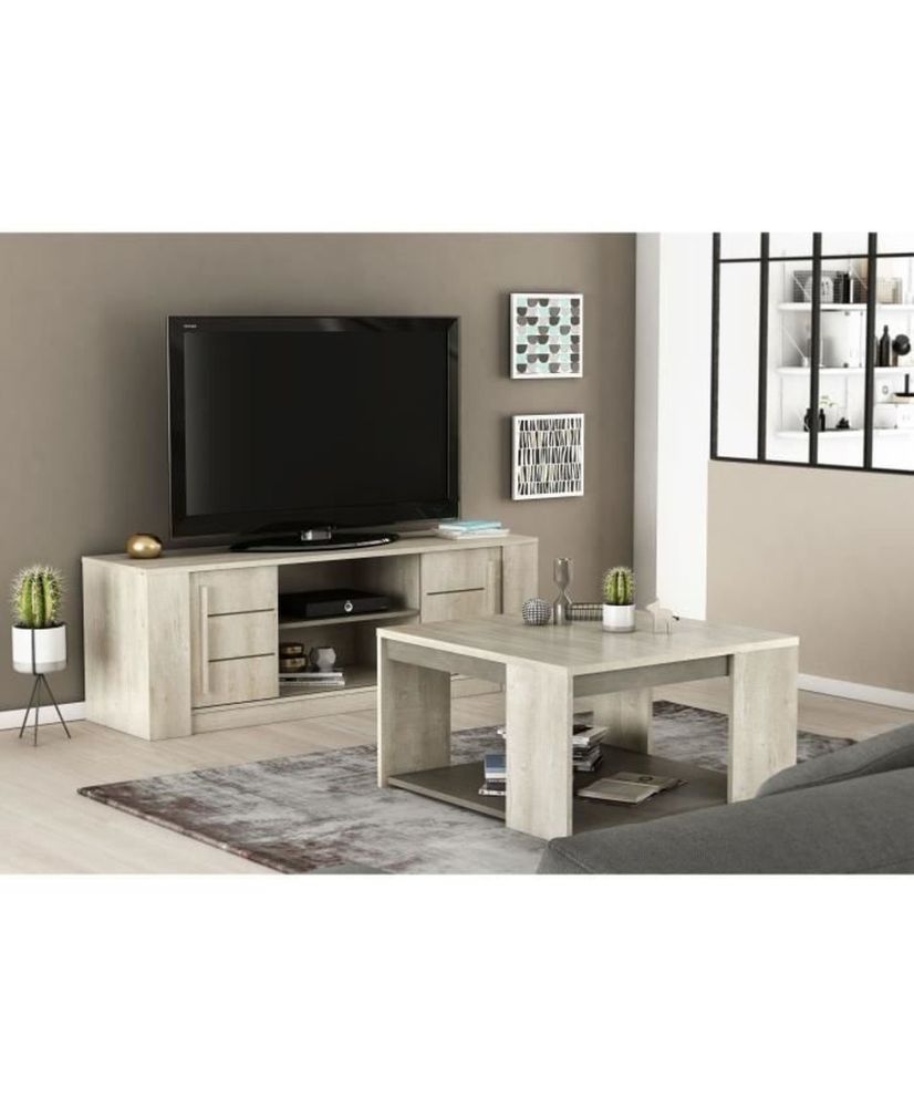 Conjunto de salón ANTIBES: mesa de centro + mueble TV + aparador - roble champán y hormigón Conjunto de salón ANTIBES: mesa de centro + mueble TV + aparador - roble champán y hormigón